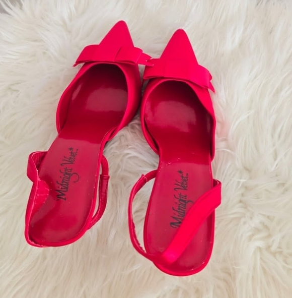 Midnight Velvet Slingback Pointed Toe Bow Red Kitten Heel Shoe. Women's Sz 7W🌴 - Picture 4 of 9